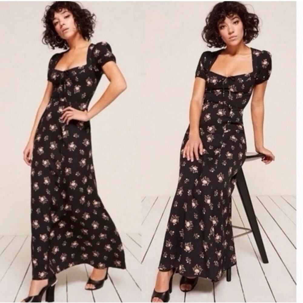 Reformation Rosetti Maxi Dress Black Floral Square Neck Short Sleeve Size 6